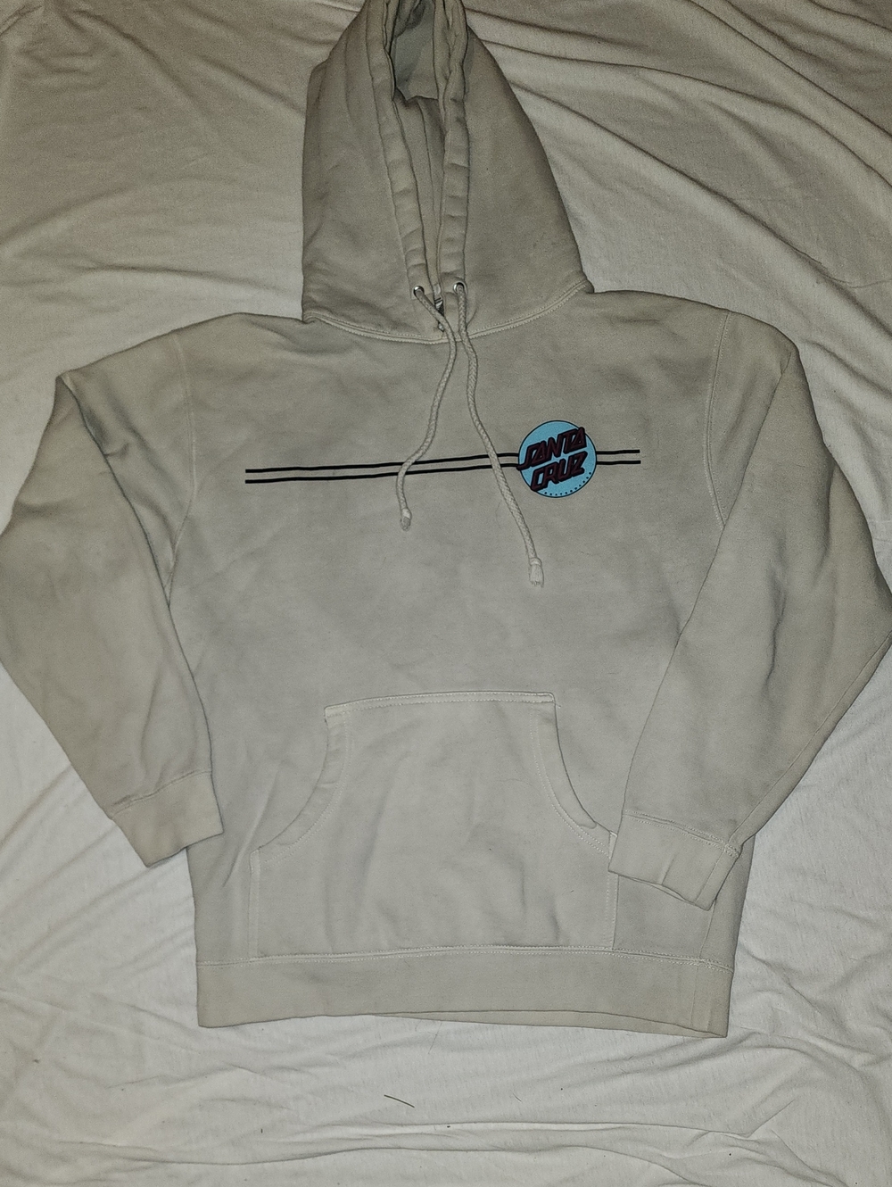 Santa Cruz Skateboards Cream Hoodie with Blue Logo and Black Stripe